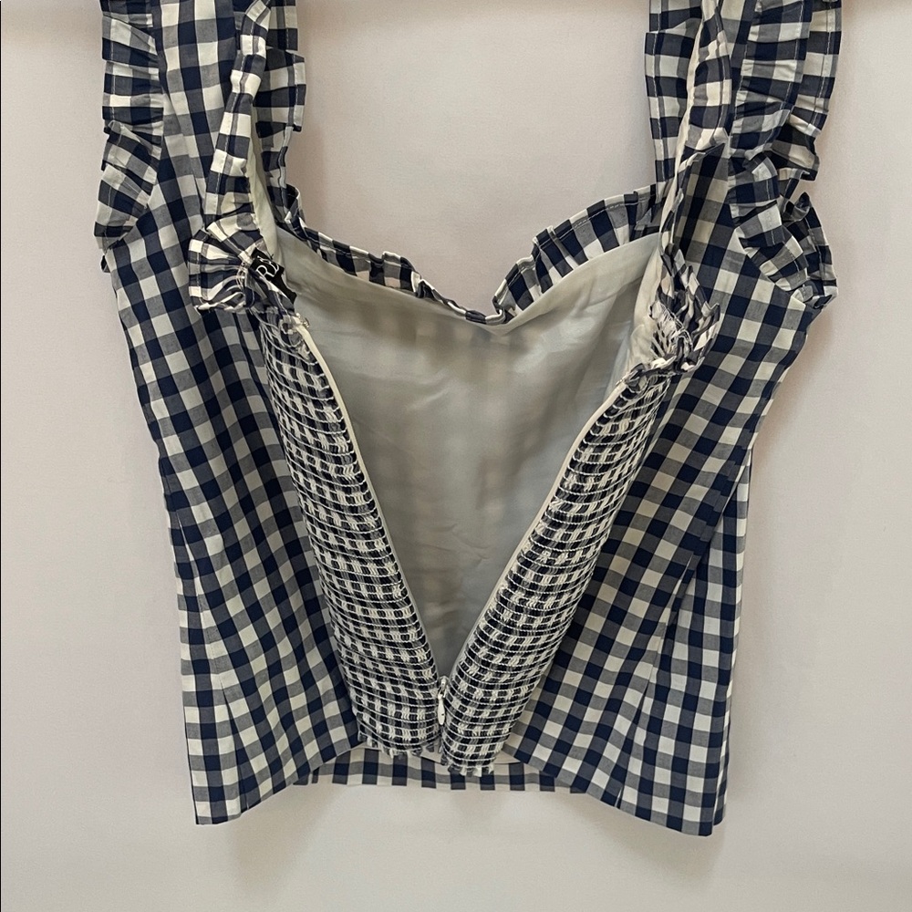 JCrew Navy and White Gingham Ruffle Top - Picture 3 of 7
